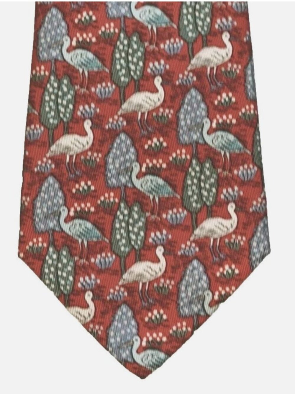 Hermes Men's Tie Silk Red 7631 PA Whimsical Heron Bird Tree/Plants 3.5" x 58.5" - Picture 2 of 8